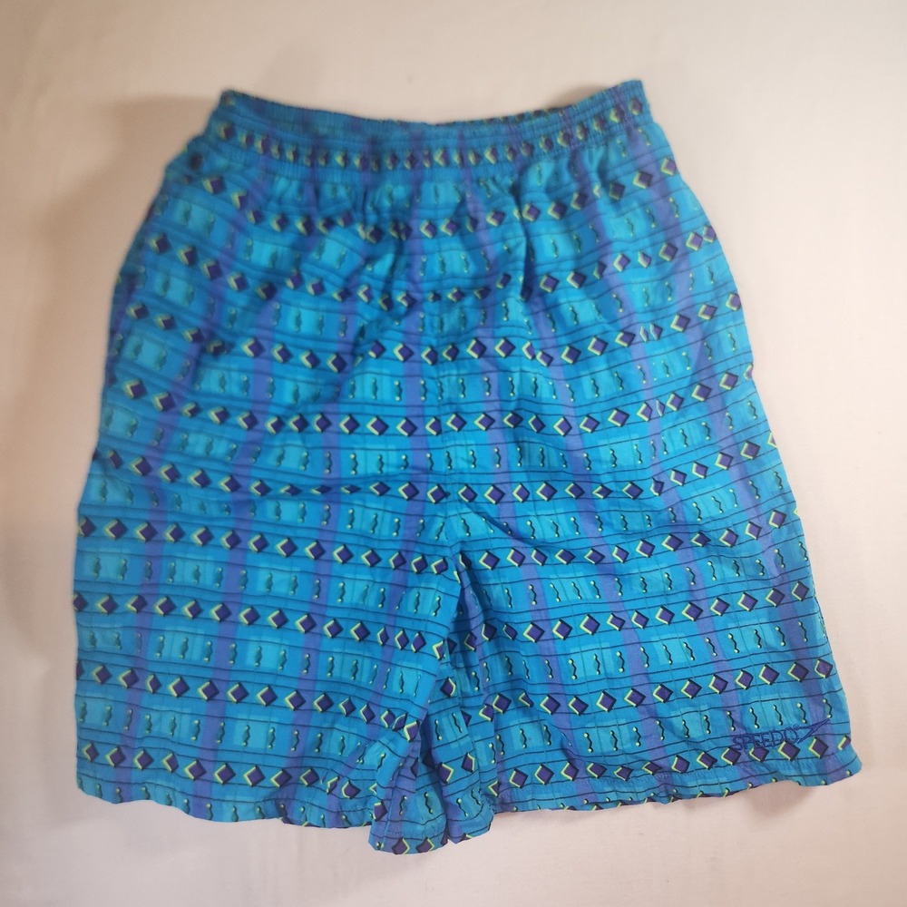 Vintage Speedo kids XL Swim Trunks Teal Blue Geometric Print Nylon Mesh 90s